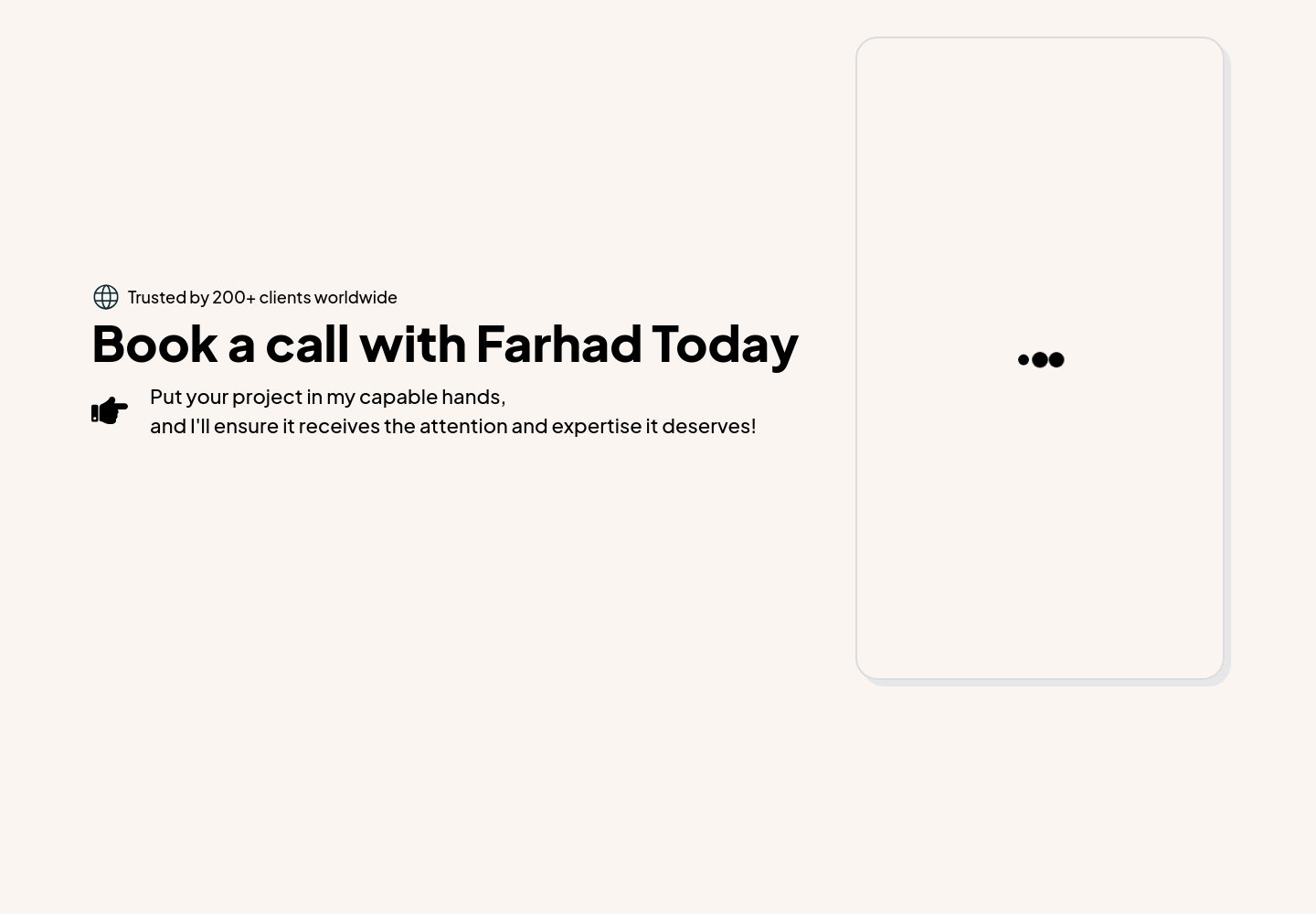 Teksyo book-a-call page — "Book a call with Farhad Today" headline with empty calendar card on the right showing only three loading dots