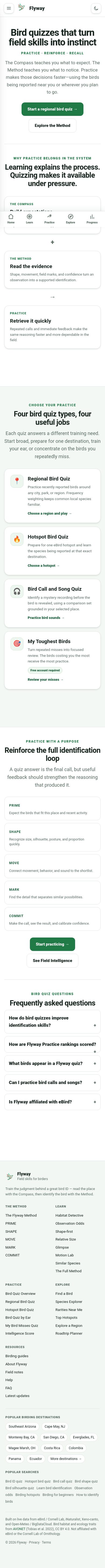 Flyway bird quizzes — mobile full-page review