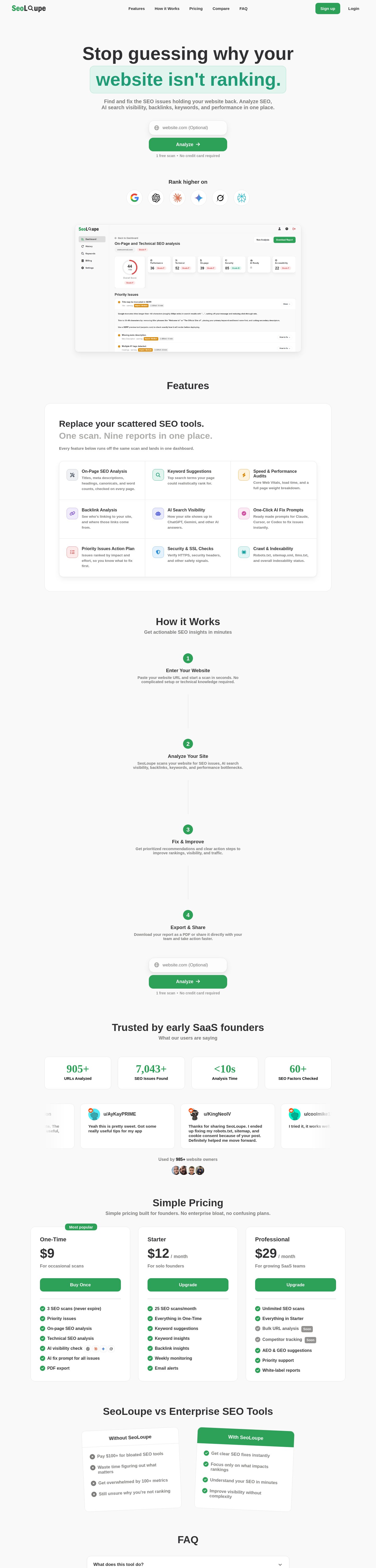 SeoLoupe homepage — desktop full page
