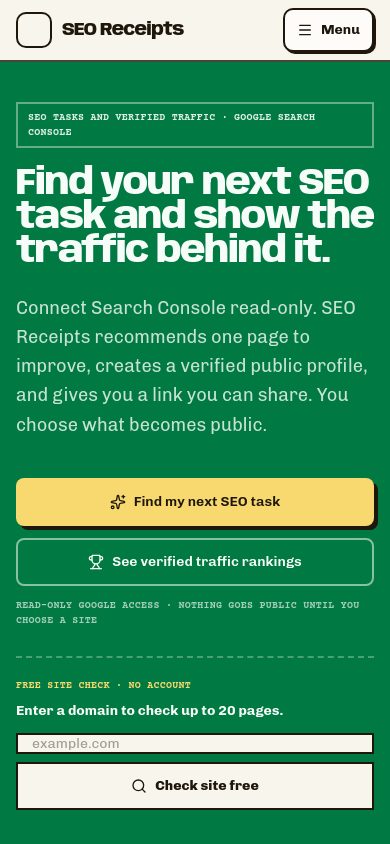 SEO Receipts mobile first fold