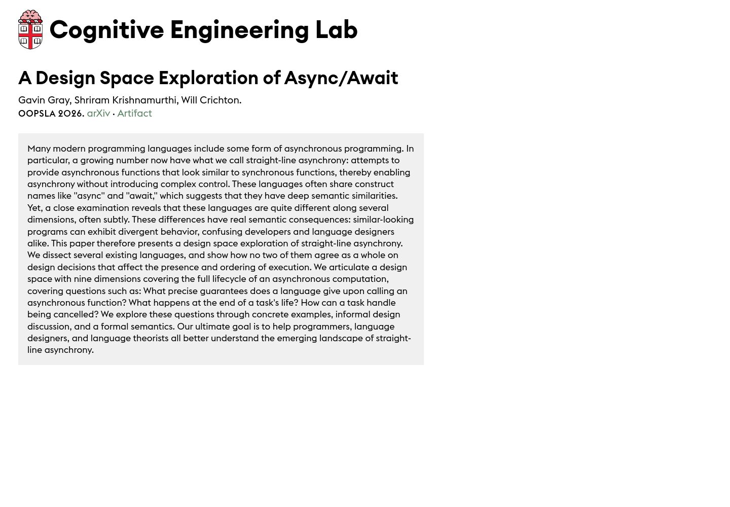 The Async/Await paper page on cel.cs.brown.edu, desktop