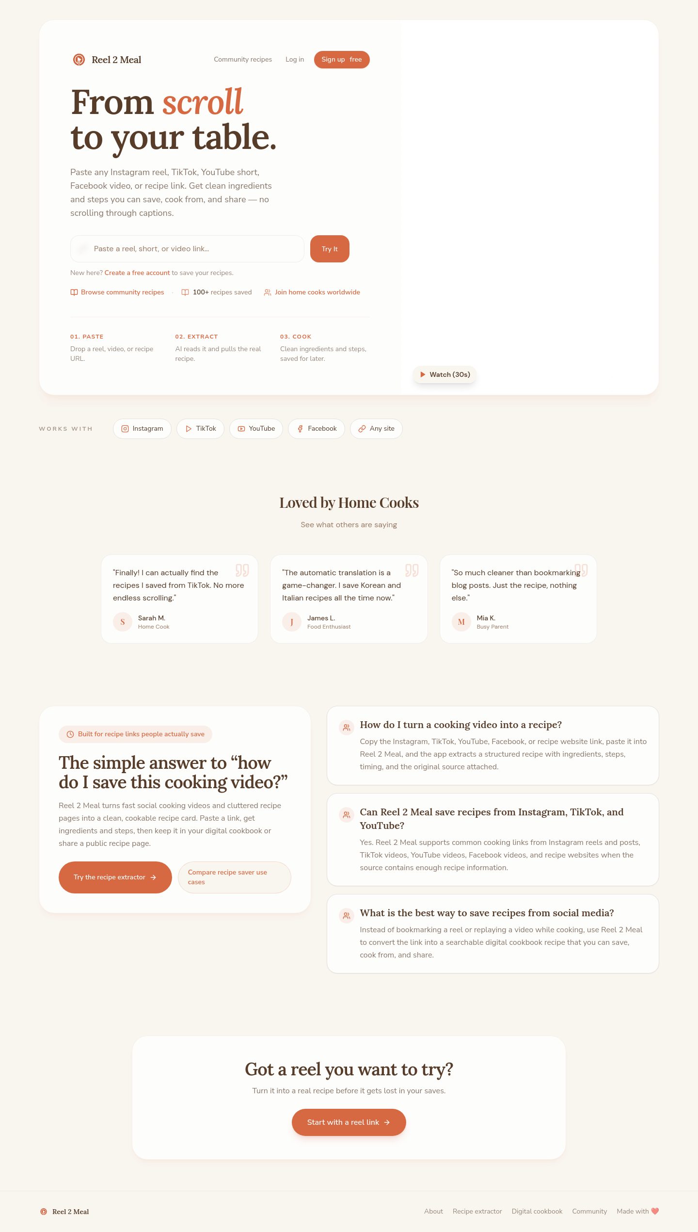 Reel2Meal homepage, desktop full-page capture