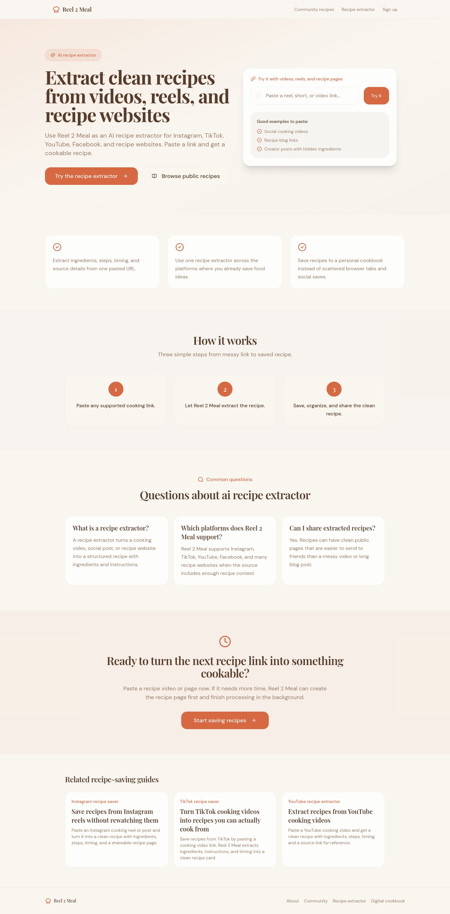 Reel2Meal recipe extractor page, desktop full-page capture