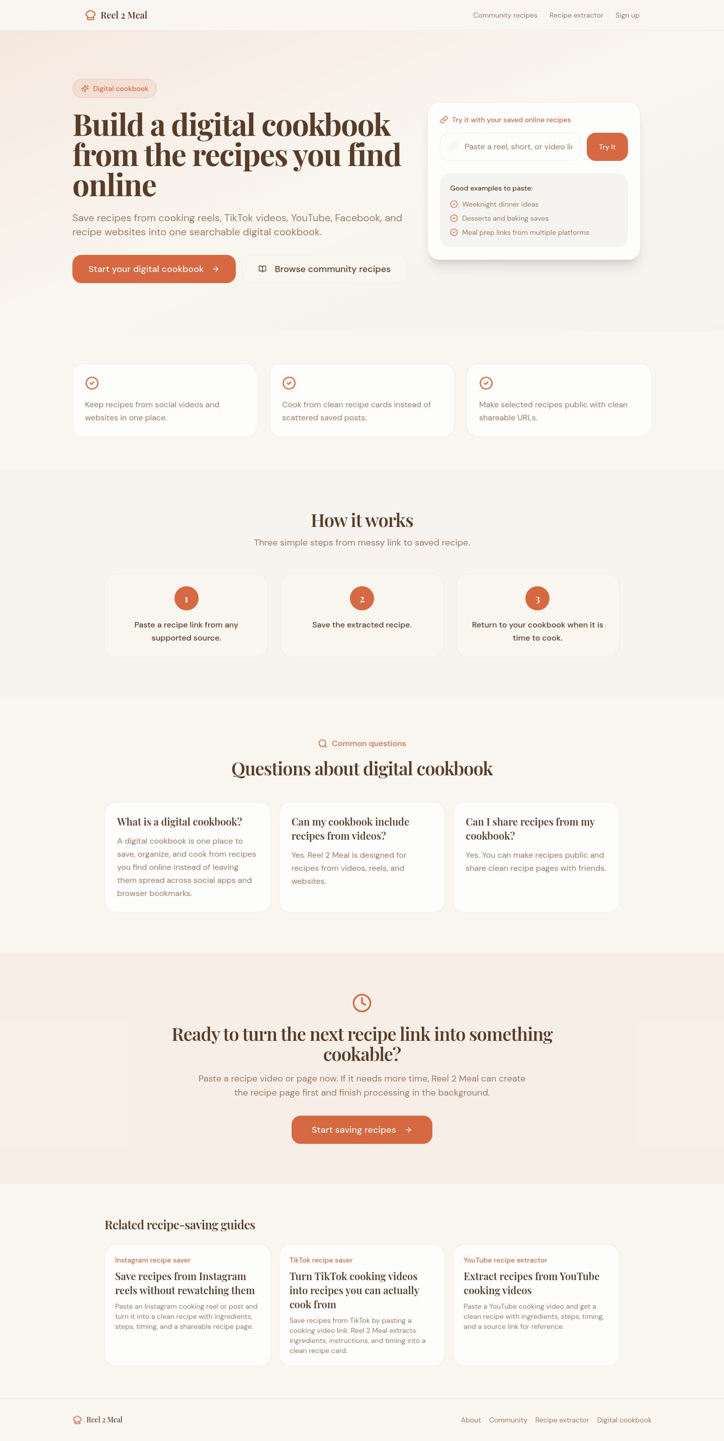 Reel2Meal digital cookbook page, desktop full-page capture