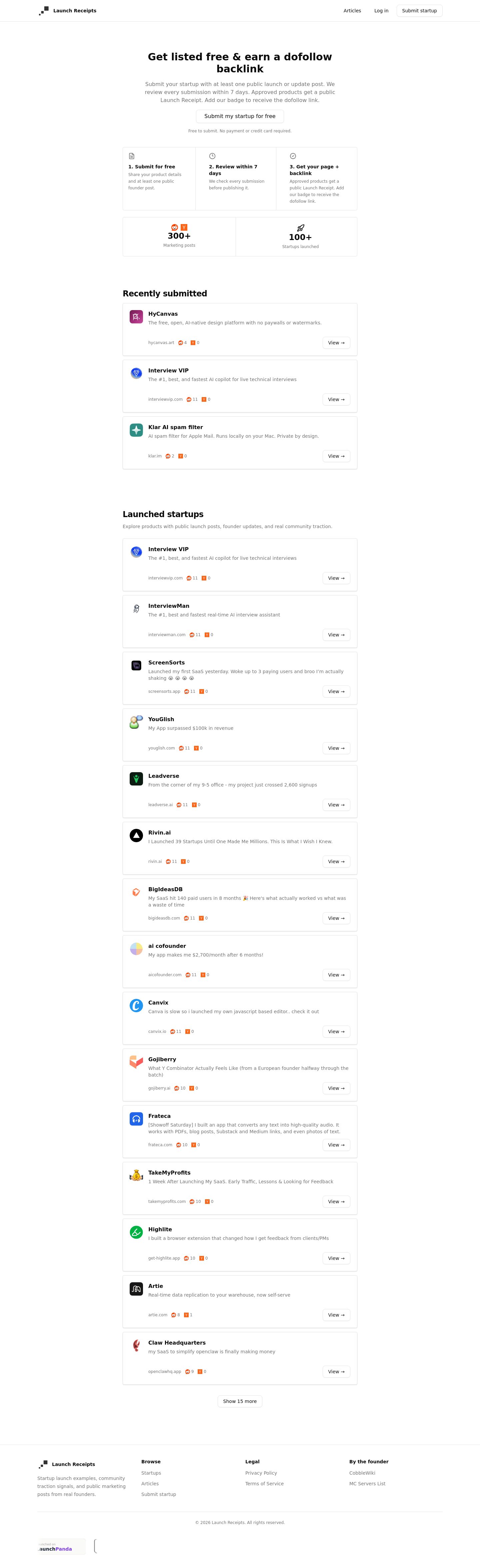 Launch Receipts homepage — desktop full page