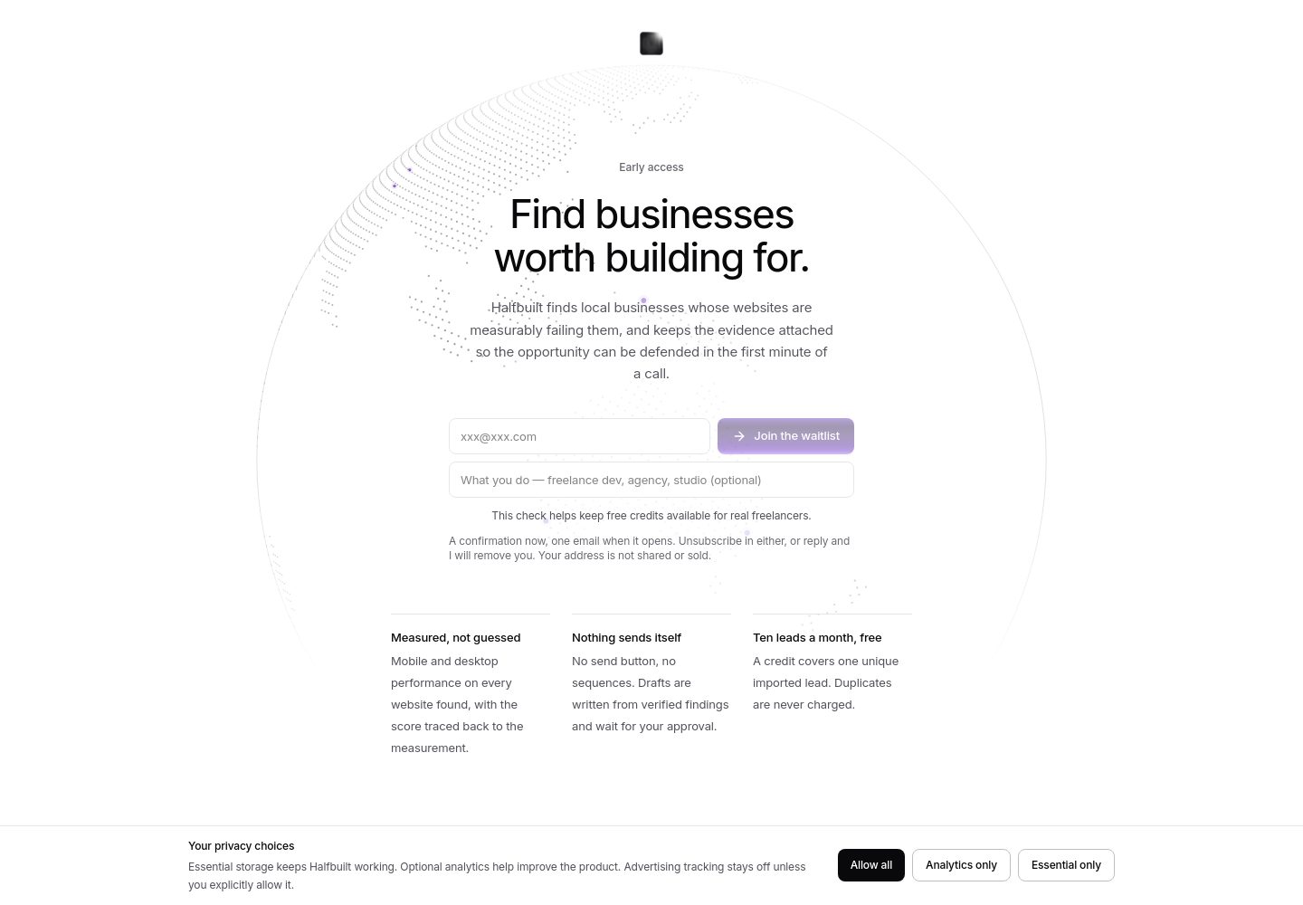 Current Halfbuilt homepage, desktop full-page render