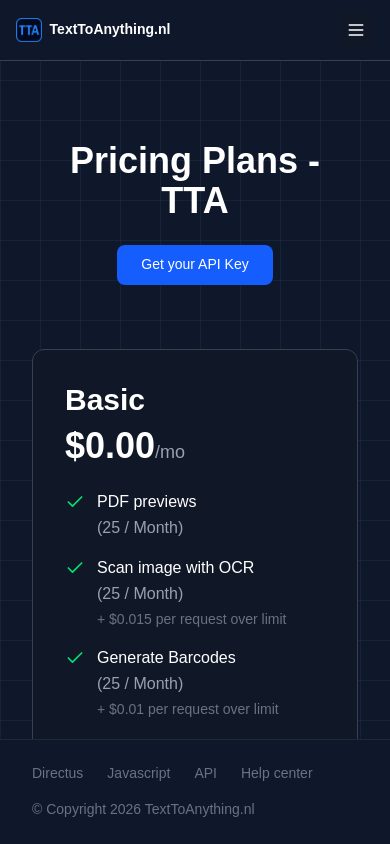 texttoanything.nl pricing on mobile